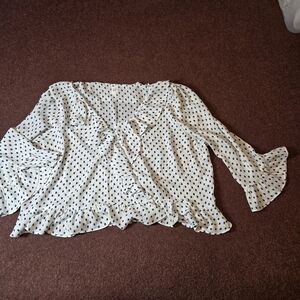 Gap Wrap Front Sheer Bell Sleeve Blouse In Off White & Blue XXL Hook & Eye Close